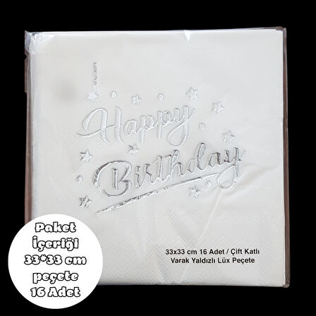 Happy Birhday Metalik Gümüş Baskılı Peçete 33*33 cm 16 Adet