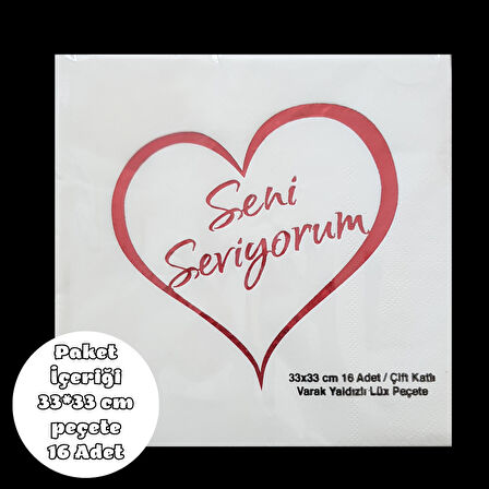 Seni Seviyorum Metalik Kırmızı Baskılı Peçete 33*33 cm 16 Adet