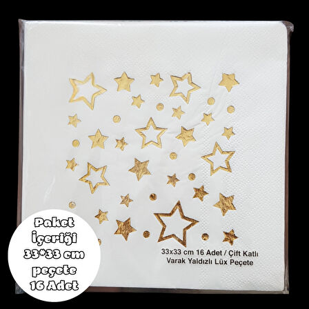 Beyaz Üzeri Altın Yıldız Baskılı Metalik Peçete 33*33 cm 16 Adet