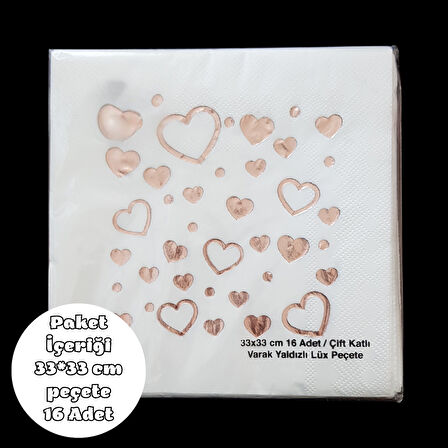 Beyaz Üzeri Rose Gold Kalp Baskılı Metalik Peçete 33*33 cm 16 Adet
