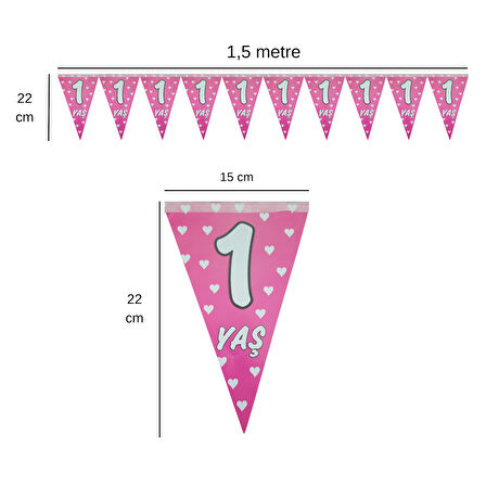 1 Yaş Pembe Üçgen Flama Bayrak Set Süs