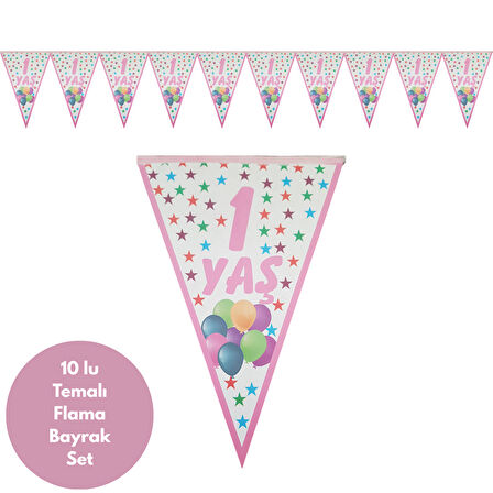 1 Yaş Yıldızlı Pembe Flama Bayrak Set Süs