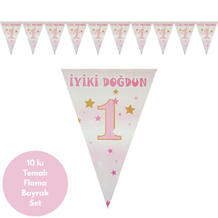 1 Yaş Pembe Altın Yıldızlı Flama Bayrak Set Süs