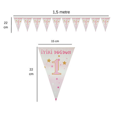 1 Yaş Pembe Altın Yıldızlı Flama Bayrak Set Süs