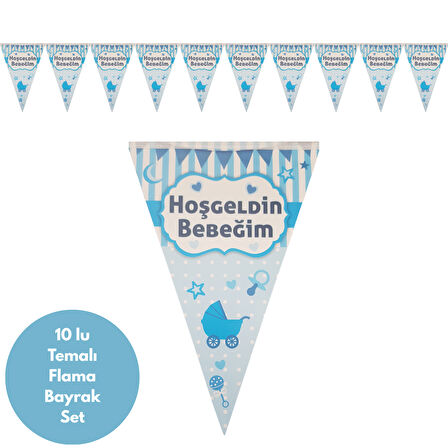 Hoş geldin Bebeğim Mavi Flama Bayrak Set Süs