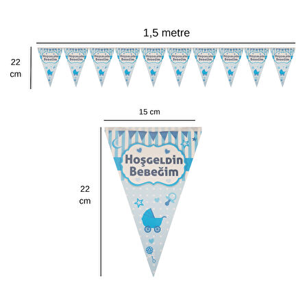 Hoş geldin Bebeğim Mavi Flama Bayrak Set Süs