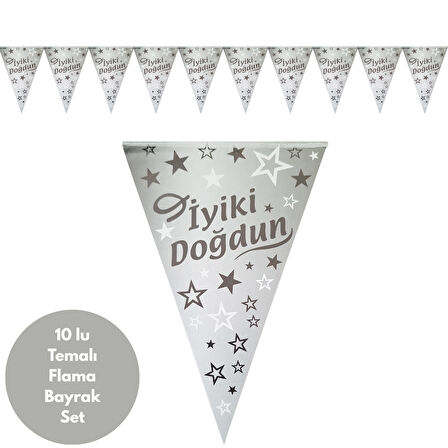 İyiki Doğdun Gümüş Siyah Flama Bayrak Set Süs