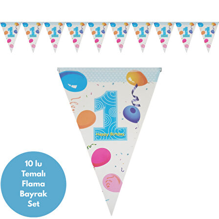 Happy Birthday 1 Yaş Mavi Flama Bayrak Set Süs
