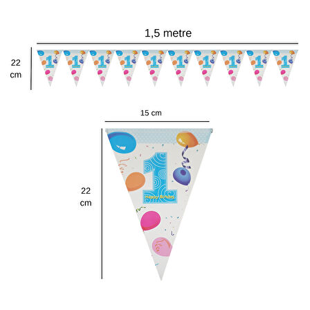 Happy Birthday 1 Yaş Mavi Flama Bayrak Set Süs