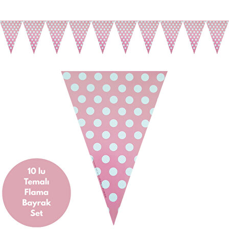 Pembe Üstü Beyaz Puanlı Flama Bayrak Set Süs