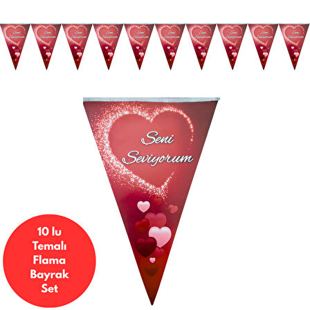 Kalp Temalı Seni Seviyorum Flama Bayrak Set Süs
