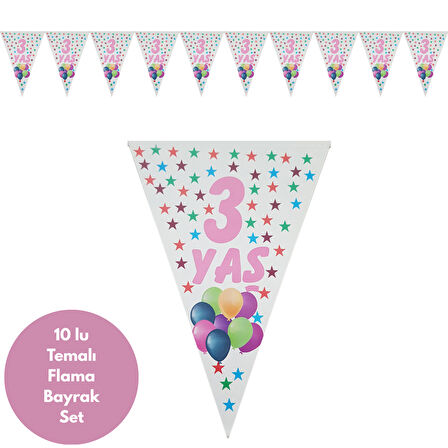 3 Yaş Pembe Yıldızlı Flama Bayrak Set Süs