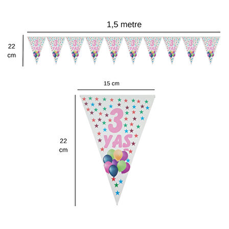 3 Yaş Pembe Yıldızlı Flama Bayrak Set Süs