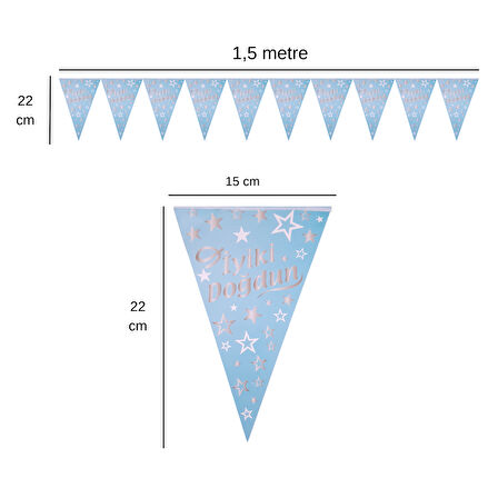 Mavi Üstü Gümüş Yıldızlı İyiki Doğdun Flama Bayrak Set Süs