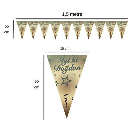 Altın Üstü Siyah Yıldızlı İyiki Doğdun Flama Bayrak Set Süs