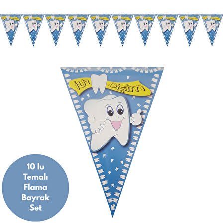 Diş Desenli İlk Dişim Mavi Flama Bayrak Set Süs