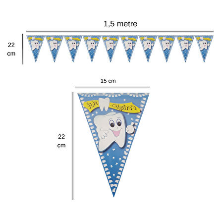 Diş Desenli İlk Dişim Mavi Flama Bayrak Set Süs