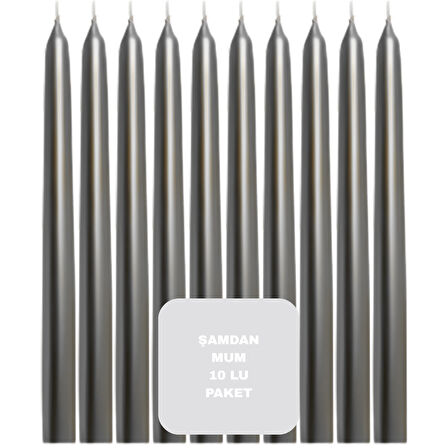 Gümüş Renkli Şamdan Mum 10 Lu Paket 25 cm