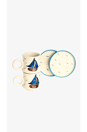 2’li Takım Deniz Temalı El Yapımı kazan Seramik Kahve Fincanı, Kahve Fincanı