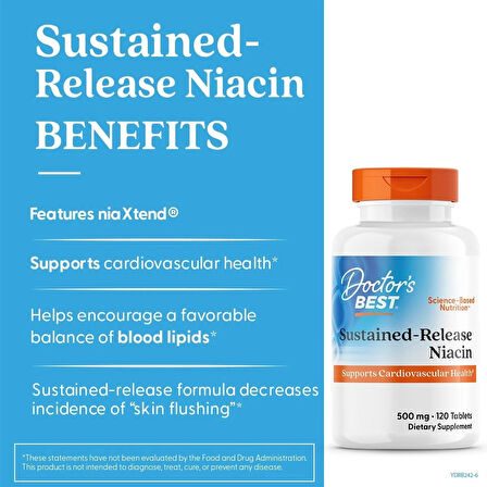 Doctors Best Sustained-Release Vitamin B3 Niacin with niaXtend Supports Heart Health 120 Veg Caps