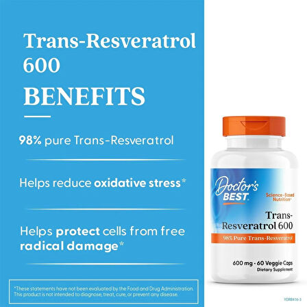 Doctor's Best Trans-Resveratrol 600 98% Pure Brain & Cognitive 60 Veggie Caps