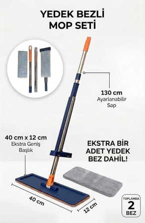 Dofix Paspas Temizlik Seti 130 cm Ayarlanabilir Saplı 40 cm Ekstra Geniş Başlıklı Mikrofiber Bezli