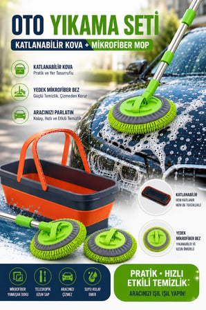 DOFIX Oto Mop Seti Mikrofiber Yedek Bezli Katlanabilir Kova