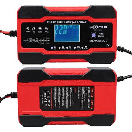 UCOMEN UC-C121001A KIRMIZI 12/24 VOLT MAX 10 AMPER LED GÖSTERGELİ AKÜ ŞARJ CİHAZI