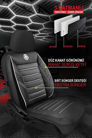Chevrolet Aveo  Uyumlu 5 KOLTUK TAM SET KRAL SERİSİ JAKAR OTO KOLTUK KILIFI SİYAH-BEYAZ ŞERİT