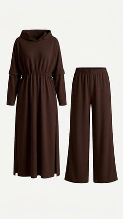Tesettür Doha Kapüşonlu Tunik Pantolon Takım Şardonsuz Üç İplik Bel Büzgülü Kadın Alt Üst Eşofman