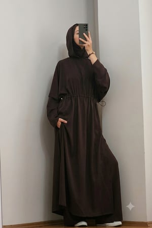 Tesettür Doha Kapüşonlu Tunik Pantolon Takım Şardonsuz Üç İplik Bel Büzgülü Kadın Alt Üst Eşofman
