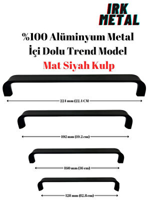 %100 Alüminyum Metal. Mobilya Mutfak Çekmece Kapak Kulbu İçi Dolu Trend Model Mat Siyah 192mm-Siyah