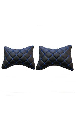 RENAULT MEGANE 2004-2008  Uyumlu 2'Li 3d Oto Boyun Yastığı Siyah Deri Mavi Nakış  