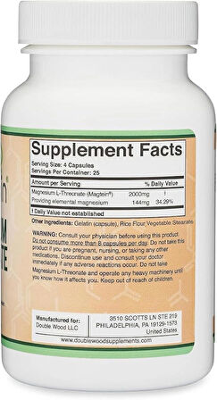 DOUBLE WOOD Magnesium(Magnezyum) L-Threonate (Magtein) 100 Caps (Uyku desteği + Bilişsek destek)