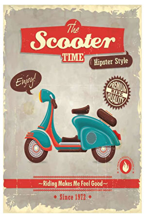 Scooter Time Retro Ahşap Mdf Poster, Modern Duvar Dekoru, Sanatsal Poster, Ev Ofis, Cafe Duvar Süs