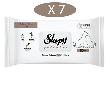 Sleepy Petcare Evcil Hayvan Islak Havlusu 60lı x 7 Adet (420 Yaprak)