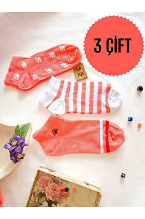 3 ÇİFT PAMUKLU PATİK ÇORAP BURUN DİKİŞSİZ KISA KONÇ DESENLİ KADIN ÇORABI 36-40 BEYAZ PEMBE