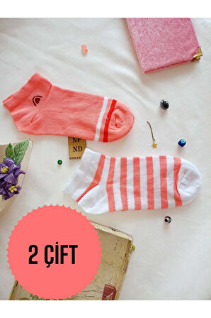 2 ÇİFT ÇORAP PAMUKLU BURUN DİKİŞSİZ KISA KONÇ PATİK DESENLİ KADIN ÇORABI 36-40 BEYAZ PEMBE