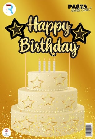 Delux Serisi Kutlama Doğum HAPPY BİRTHDAY SİYAH GOLD PASTA ÜSTÜ SÜS