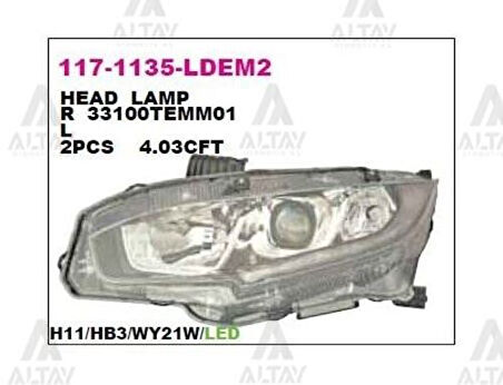 Depo 1171135RLDEM2 Ön Far Sağ Honda Civic 16-Siyah Motoru Uzerınde Ledli 33100TEMM01