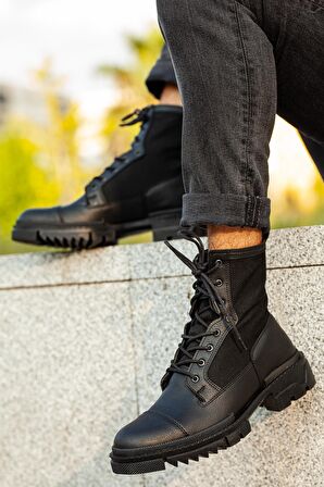 Muggo M746 Yuvarlak Burun Orta Topuk Bağcıklı Su Geçirmez Günlük Siyah Postal Suni Deri