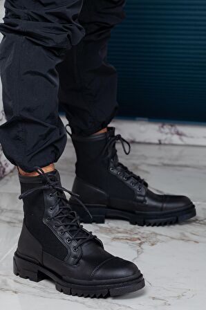 Muggo M746 Yuvarlak Burun Orta Topuk Bağcıklı Su Geçirmez Günlük Siyah Postal Suni Deri