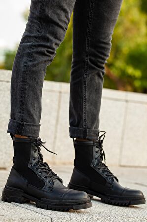 Muggo M746 Yuvarlak Burun Orta Topuk Bağcıklı Su Geçirmez Günlük Siyah Postal Suni Deri