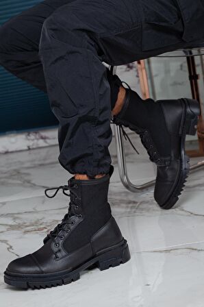 Muggo M746 Yuvarlak Burun Orta Topuk Bağcıklı Su Geçirmez Günlük Siyah Postal Suni Deri