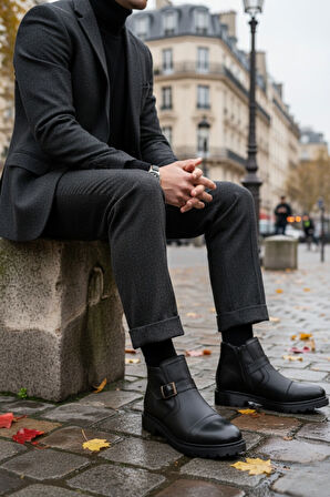 Muggo M1001 Yuvarlak Burun Kısa Topuk Ortopedik Fermuarlı Günlük Siyah Klasik Bot 