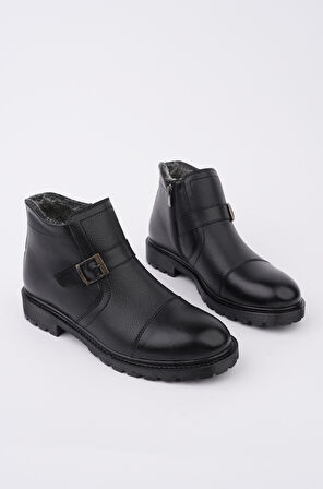 Muggo M1001 Yuvarlak Burun Kısa Topuk Ortopedik Fermuarlı Günlük Siyah Klasik Bot 