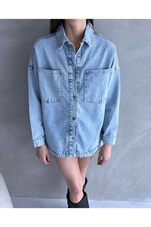 Kadın Oversize & Minnie Baskılı Kot Gömlek Ceket – Açık Mavi