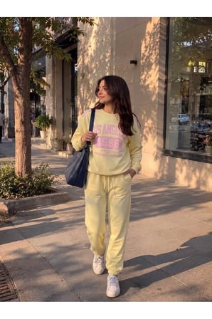 Kadın Los Angeles Baskılı Bisiklet Yaka Sweatshirt 2 İplik Şardonsuz Yeni Sezon