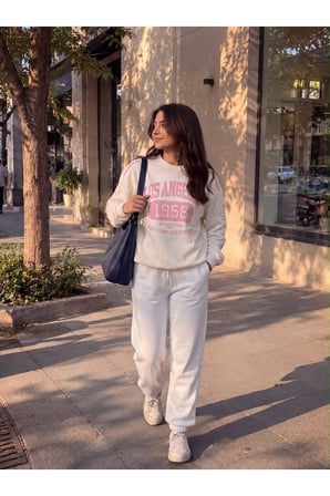 Kadın Los Angeles Baskılı Bisiklet Yaka Sweatshirt 2 İplik Şardonsuz Yeni Sezon