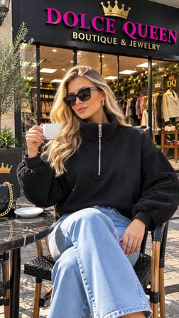 Kadın Siyah İçi Şardonlu Yün Kol Detaylı Crop Sweatshirt